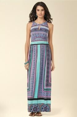 Soma Womens size Medium Bohemian Soft Aztec Geometric Maxi Dress Purple Stretch